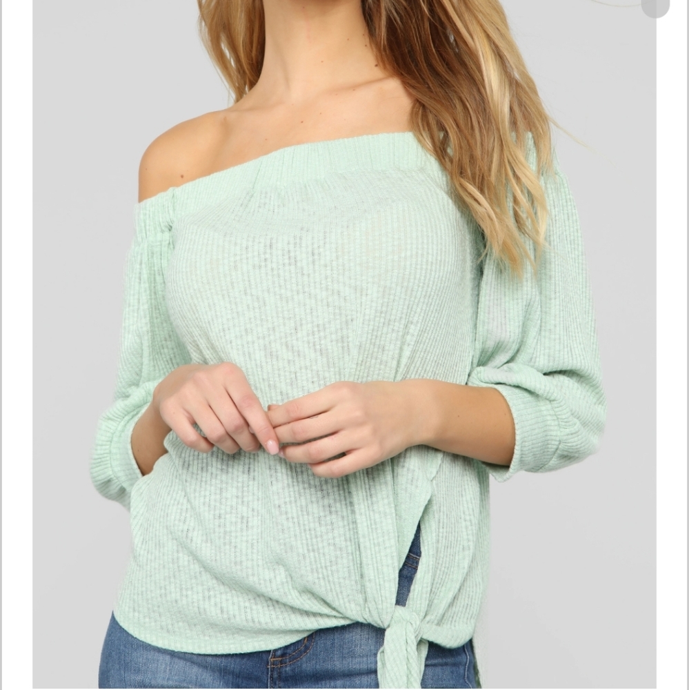 off-the-shoulder light green ribbed knit tie-front top. Small